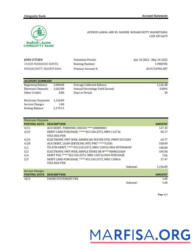 Realistic Mauritania Chinguitty bank statement excel example